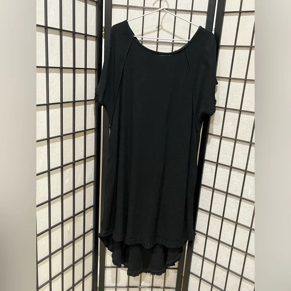 Umgee Elegant Black LINEN BLEND ROUND NECK POCKET DRESS WOMEN SIZE L